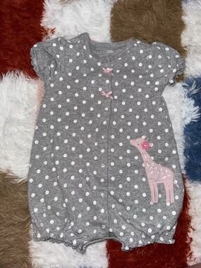 Baby Gray Polka Dot Baby Romper with Pink Giraffe